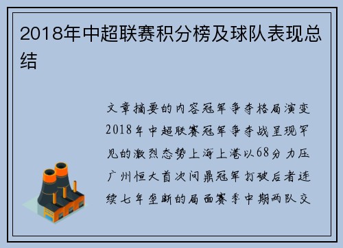 2018年中超联赛积分榜及球队表现总结
