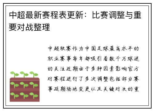 中超最新赛程表更新：比赛调整与重要对战整理